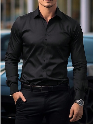  koszula męska na co dzień, standardowy krój, klapa z długim rękawem, jednokolorowy poliester, czarny 2024
