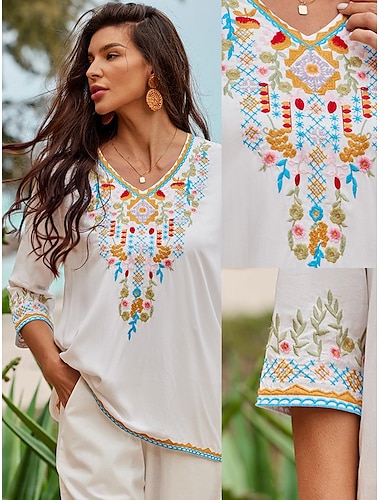  Women's Summer Tops Blouse Embroidered Half Sleeve V Neck White Summer Spring