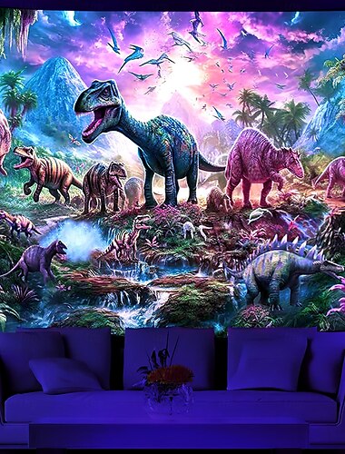  Schwarzlicht Wandteppich UV reaktiv im Dunkeln leuchtend Party Neon Dinosaurier Wald Natur psychedelisch trippig neblig hängender Wandteppich Wandbild für Wohnzimmer Schlafzimmer