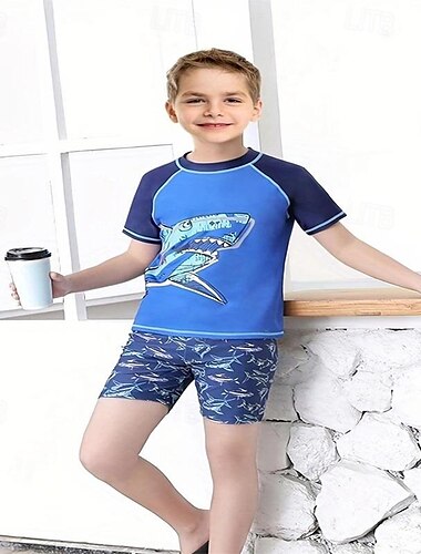  Badeanzug für Kinder, Jungen, Bademode, Strandmode-Sets, kurzärmelige Schwimmoberteile, Badehose und Mütze, Sommer-Outfits, Rashguard, Schwimm-Badeanzüge