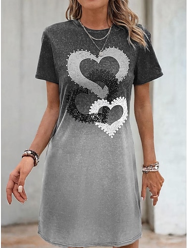  Women's Ombre Heart Print Crew Neck Midi Dress Short Sleeve Summer