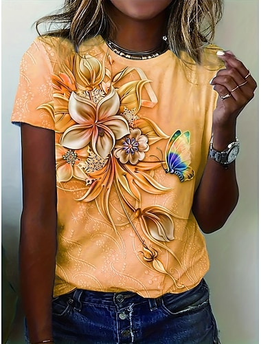  Damen T-Shirt Florales Rundhalsausschnitt Kurzarm 3D Schmetterlingsdruck Elegante Lässige Kleidung Frühling Sommer Komfort Fit Lila Multigrößen Mode Oberteil
