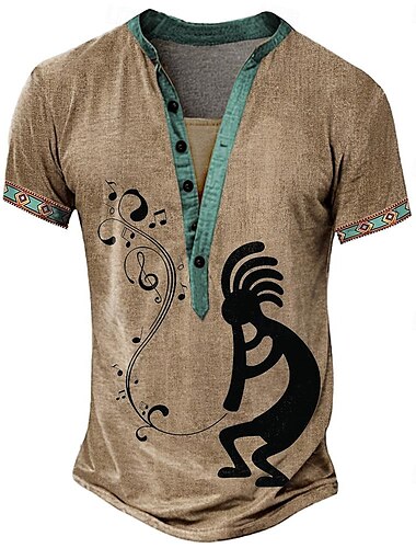  Men's Tribal Bandana Print T Shirt Henley Shirt Short Sleeve 3D Print Vacation Tropical Fashion Vacation Casual Daily Summer Spring Yellow Brown Khaki Henley Henley T-Shirt