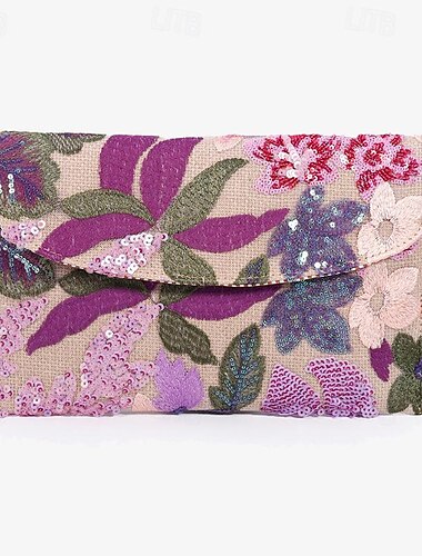  Damen Clutch Strandtasche Abendtasche Handgelenk-Tasche Polyester Leinen Party Hochzeitsfeier Strand Paillette Hohe Kapazität Blume Hellblau Weinrot orange Farbe