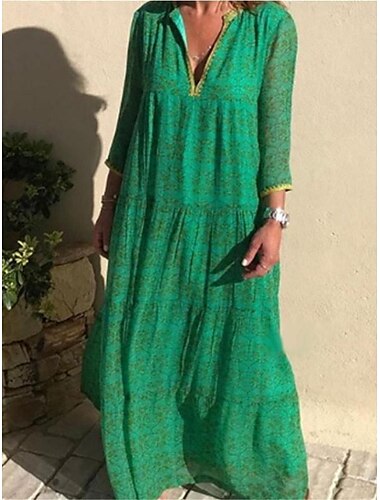  Damen kleid lang Casual kleid Schaukelkleid Sommerkleid Boho-Kleid Brautkleider schlicht Boho Urlaub Täglich Strand Lockere Passform Blumen Langarm V Ausschnitt Rosa Purpur Grün Leicht Blau Sommer