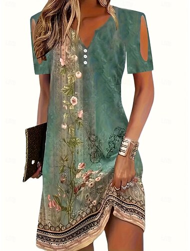  Damen Minikleid mit geometrischem Tupfen-Ösen-Print und V-Ausschnitt, Bohème, lässig, Party, Zuhause, Sommer
