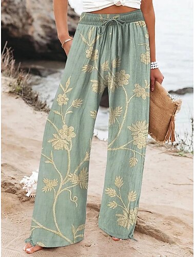  Damen Breites Bein Hosen Hose Tasche Hoher Schnitt Blumen Hoher Taillenbund Lang Schwarz Sommer