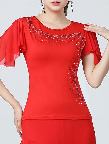  Latin Dance Ballroom Dance Top Glitter Pure Color Splicing Women's Performance Training Short Sleeve High Polyester