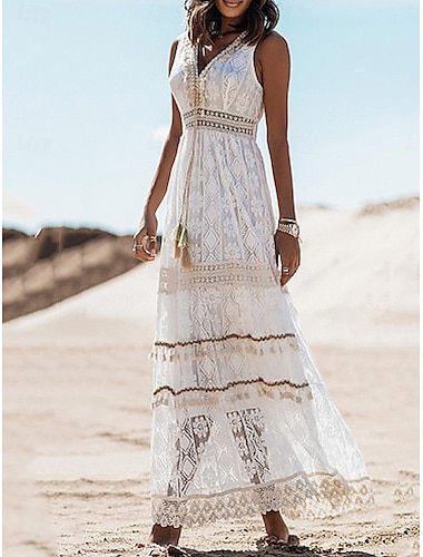  Women's White Dress Long Dress Maxi Dress Lace Tassel Fringe with Sleeve Wedding Date Vacation Bohemia V Neck Sleeveless White Apricot Color