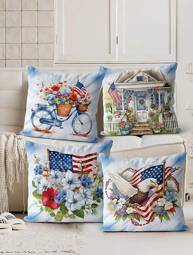  Almohadas patrióticas Día de la Independencia, funda de almohada decorativa, 4 piezas, funda de cojín cuadrada suave, funda de almohada para dormitorio, sala de estar, sofá, silla