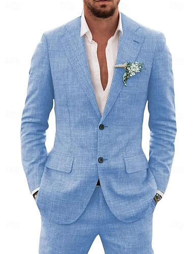  חליפות פשתן לגברים חליפות חתונת חוף קיץ 2 חלקים בצבע אחיד בהתאמה אישית עם שני כפתורים חד חזה 2024
