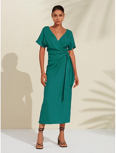  női tencel lenvászon narancssárga piros v nyakú ráncolt wrap midi ruha