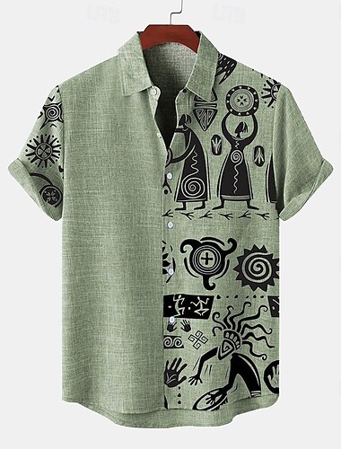  Herren Hemd leinenhemd Retro-Shirts Vintage-Shirt Ethnisches Hemd Täglich Blau Grün Kaki Kurzarm Umlegekragen Sommer Frühling Bekleidung