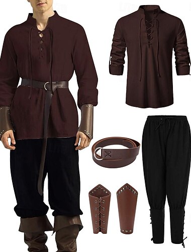  ימי הביניים רנסנס המאה ה 17 כלי נשק ושריון תלבושות חולצה פיראט אביר ויקינג Ranger עלון תחפושות בגדי ריקוד גברים ויקינג פנטזיה האלווין (ליל כל הקדושים) קרנבל הצגה LARP רן פייר מבוגרים