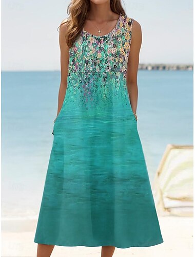  Damen Sommerkleid Tank-Top Kleid Kleid drucken Aktiv Modisch Hawaiianisch Urlaub Festtage Strand Lockere Passform Ärmellos Rundhalsausschnitt wasserblau Sahne Wein Rote Sommer Frühling