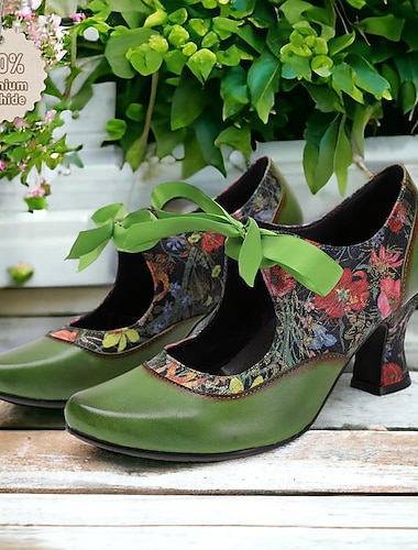  نسائي مضخات أحذية خمر ماري جين أحذية مصنوعة يدويا أحذية كلاسيكية زفاف مناسب للحفلات ورد دانتيل كعب القطة أنيق عتيق جلد دانتيل أخضر