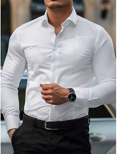  camisa de vestir blanca para hombre oficina regular fit manga larga solapa color sólido mezcla de algodón 2024