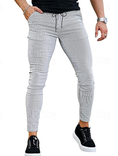  男性用 スーツ ズボン カジュアルパンツ ボタン ポケット 縞 履き心地よい フォーマル パーティー ワーク コットン混 ファッション クラシック ブラック ホワイト マイクロエラスティック
