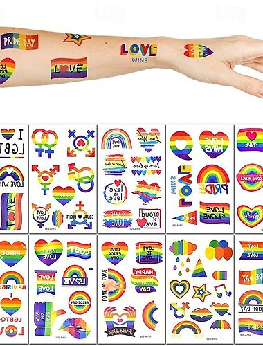  10 hojas de tatuaje de arcoíris del orgullo, tatuaje temporal, desfile del orgullo gay, pintura corporal, celebración de fiesta, personalidad