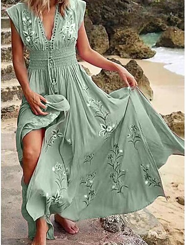  Damen-Midikleid im Bohemian-Stil mit V-Ausschnitt, Blumenstickerei, elastische Taille, Kordelzug, kurze Ärmel, Strandurlaub, rosa, bequem, normale Passform, lässige Sommerkleidung