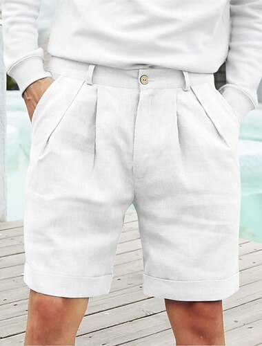  Herre Lin Shorts Sommershorts Strandshorts Knapper Lomme Plisseringer عادي Komfort Pustende Kort Ferie Feriereise Strand Hawaiisk Bohem Svart Hvit