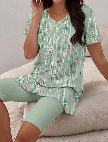  Damsovkläder casual två-delad set blommig randig mönster kort ärm V-hals topp med capri leggings vår sommar komfort fit pastell mintgrön regular plus size lounge outfit