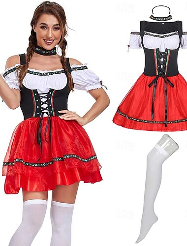  Karneval Oktoberfestbier Kostüm Patchwork Dirndl Trachtenkleider Dienstmädchen Sexy Bayerisch Urlaubskleid Wiesn Damen Bier Festival Oktoberfest Kostüm Dirndl Stoff im traditionellen Stil Kleid