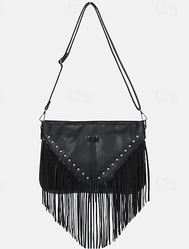  Damen Umhängetasche Schultertasche Hobo Tasche PU-Leder Niete Quaste Hohe Kapazität Feste Farbe Schwarz Weiß Braun