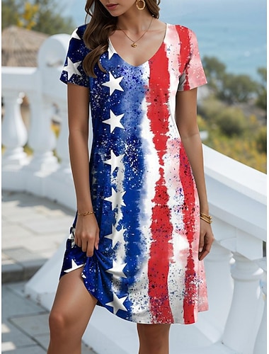  Onafhankelijkheidsdag Vrouwen Patriottische Vierde Juli Jurk Mini Jurk Casual Jurk Petite Jurk T-Shirt Jurk Casual Vakantie Verjaardag Casual Loose Fit Vlag Rood Wit En Blauw Korte Mouw V Hals