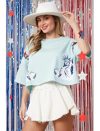  T-Shirt-Ärmel Crop-Top-T-Shirt Freiheitsstatue Für Damen Erwachsene Tag der Unabhängigkeit 4. Juli Heißprägen Casual