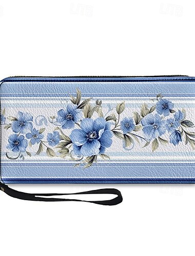  Damen Geldbeutel Geldbörse PU-Leder Einkauf Täglich Festtage Reißverschluss Hohe Kapazität Langlebig Blume Blätter Weiß Blau