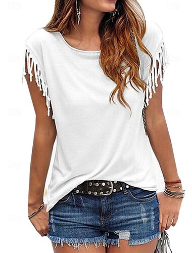  T shirt Tee Hauts habillés Femme Noir Blanche Rouge Plein Franges Plein Air du quotidien Mode Col Rond Standard S