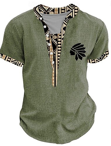  Men's Tribal Bandana Print T Shirt Henley Shirt Short Sleeve 3D Print Designer Ethnic Vacation Casual Daily Summer Spring Yellow Green Khaki Henley Henley T-Shirt