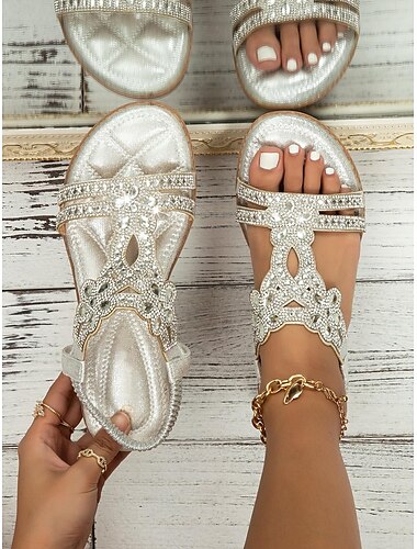  Sandales à brides en T avec strass argentés pour femmes – Tongs plates bohèmes pour mariées, cérémonies sur la plage et vacances d'été