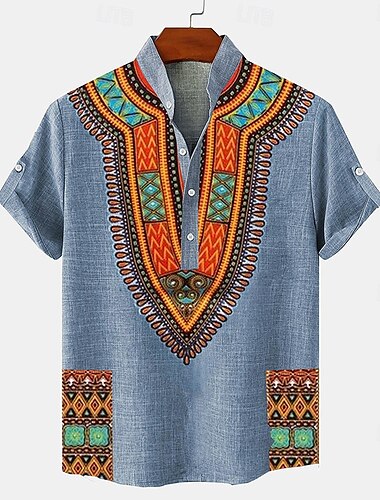  Herren leinenhemd Henley Shirt Retro-Shirts Vintage-Shirt Ethnisches Hemd Ethnisch Urlaub Täglich Blau Grün Khaki Kurzarm Mandarinkragen Sommer Frühling Bekleidung Bedruckt