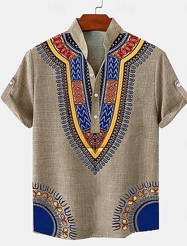  Herre linskjorte Henly-skjorte retro skjorter Vintage skjorte Etnisk skjorte Feriereise Daglig Grønn Kakifarget Beige Kortermet Kinesisk Krave Sommer Vår Klær 3D-utskrift