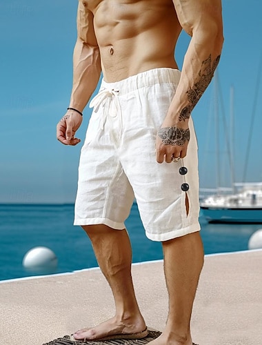 Homens Calção Shorts de linho Shorts de verão Shorts de praia Com Cordão Cintura elástica Tecido Respirável Comprimento do joelho Ioga Praia Havaiana Casual Preto Branco