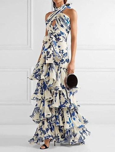  A-Line Wedding Guest Dresses Floral Dress Holiday Summer Floor Length Sleeveless V Neck Polyester with Print 2024