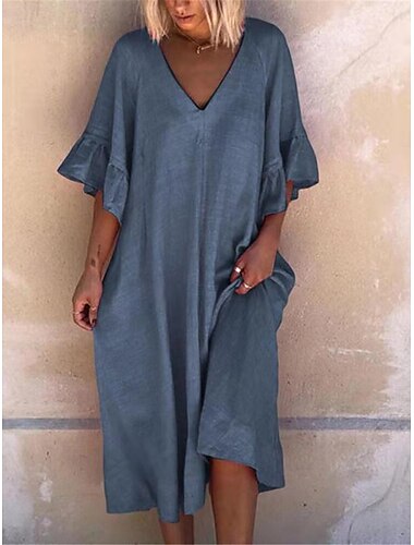  Damen Rosa Marineblau Blau Sommer Frühling Midikleid Baumwoll-Leinen-Kleider Freizeitkleid Basic Modern Täglich Wochenende Lässiger Schnitt Einfach V Ausschnitt