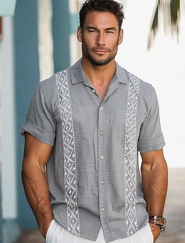  Camisa de lino para hombre, camisa hawaiana gráfica, camisa informal a la moda con botones, vacaciones hawaianas diarias, solapa de primavera y otoño, manga larga, camisa gris 55% lino 45% algodón