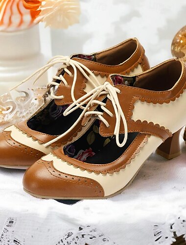  Γυναικείες μπρογκ γόβες vintage με κορδόνια oxford – δίχρωμα παπούτσια σε στυλ ρετρό με κομψή φλοράλ σόλα και γόβα kitten για επίσημες και casual περιστάσεις