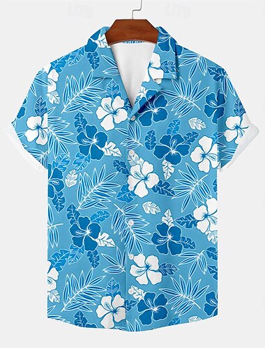  Herren Blumen Tropische Blumen Hawaiihemd Sommerhemd Aloha-Shirt Kurze Ärmel Hemd Umlegekragen Hawaiianisch Brautkleider schlicht Resort Outdoor Urlaub Strasse Blau Grün S M L