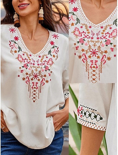  Women's Summer Tops Blouse Embroidered 3/4 Length Sleeve V Neck White Summer Spring