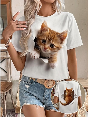  t-shirt femme mode chat imprimé manches courtes hauts réguliers col rond quotidien week-end blanc été 3d chat