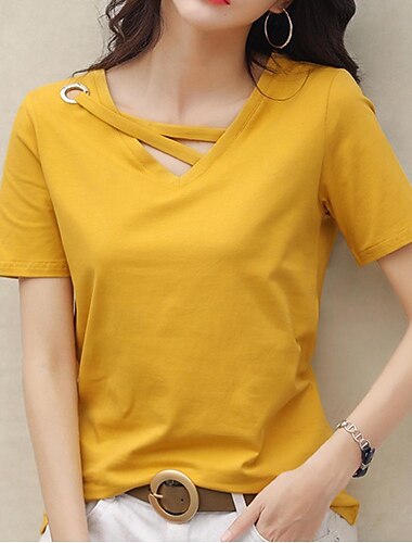  T-shirt Dames Zwart Wit Geel Effen Sexy Straat Dagelijks Modieus V-hals Normale pasvorm M