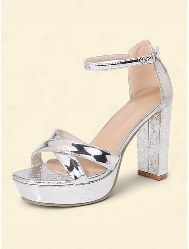  Damen Sandalen Blockabsatz Runde Zehe Elegant Kunstleder Knöchelriemen Silber Schwarz