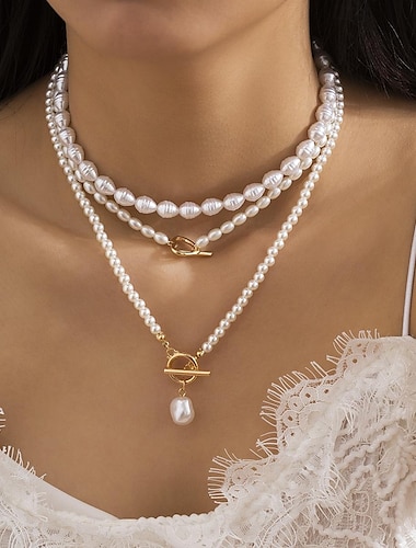  Collier Multirang Imitation Perle Femme Elégant Rétro Vintage Perles Cœur Mariage Gouttes Colliers Tendance Pour Mariage Soirée