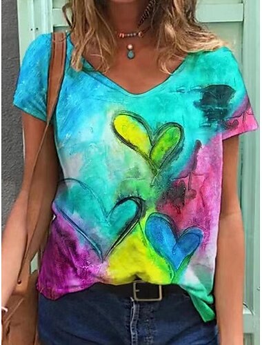  女性用 Tシャツ ハート フラワー ファッション 半袖 Ｖネック レギュラートップス 日常 週末 プリント ブルー スカイブルー 夏