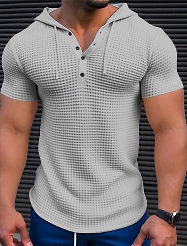  Homens Camiseta de malha waffle T-shirt Manga Curta Com Capuz Verão Côr Sólida Diário Casual Botões Com Capuz Ao ar livre Rua Casual Verde Branco Caqui Top Tee para Homens