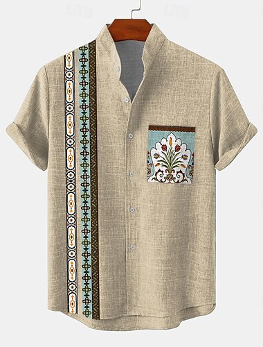  Herren Hemd Knopfhemd Kurzarm Vintage Brautkleider schlicht Stamm Urlaub Täglich Sommer Frühling Stehkragen Opa Kragen Bedruckt Grün Khaki Beige